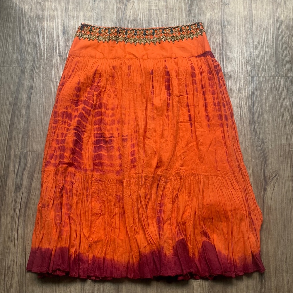 Soft Surroundings BoHo Skirt.Beaded.Tie-dyed.PXL.Orange Pink.Lined.Elastic Waist